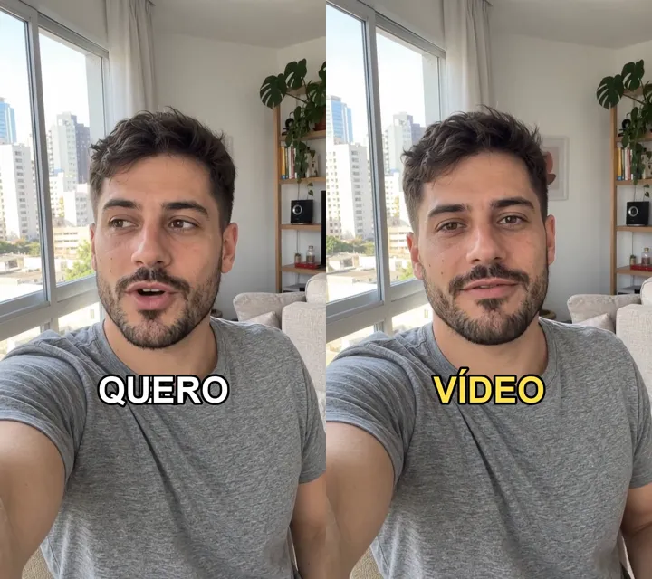 Dois quadros de um vídeo com legenda palavra por palavra: a palavra QUERO em branco e a palavra VÍDEO em amarelo, no centro da tela